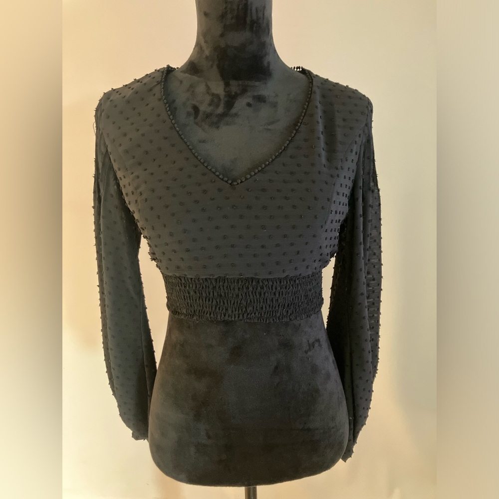 FANCO Black Crop Top Puffed Sleeve Size L Bohemian Cottagecore Summer Top